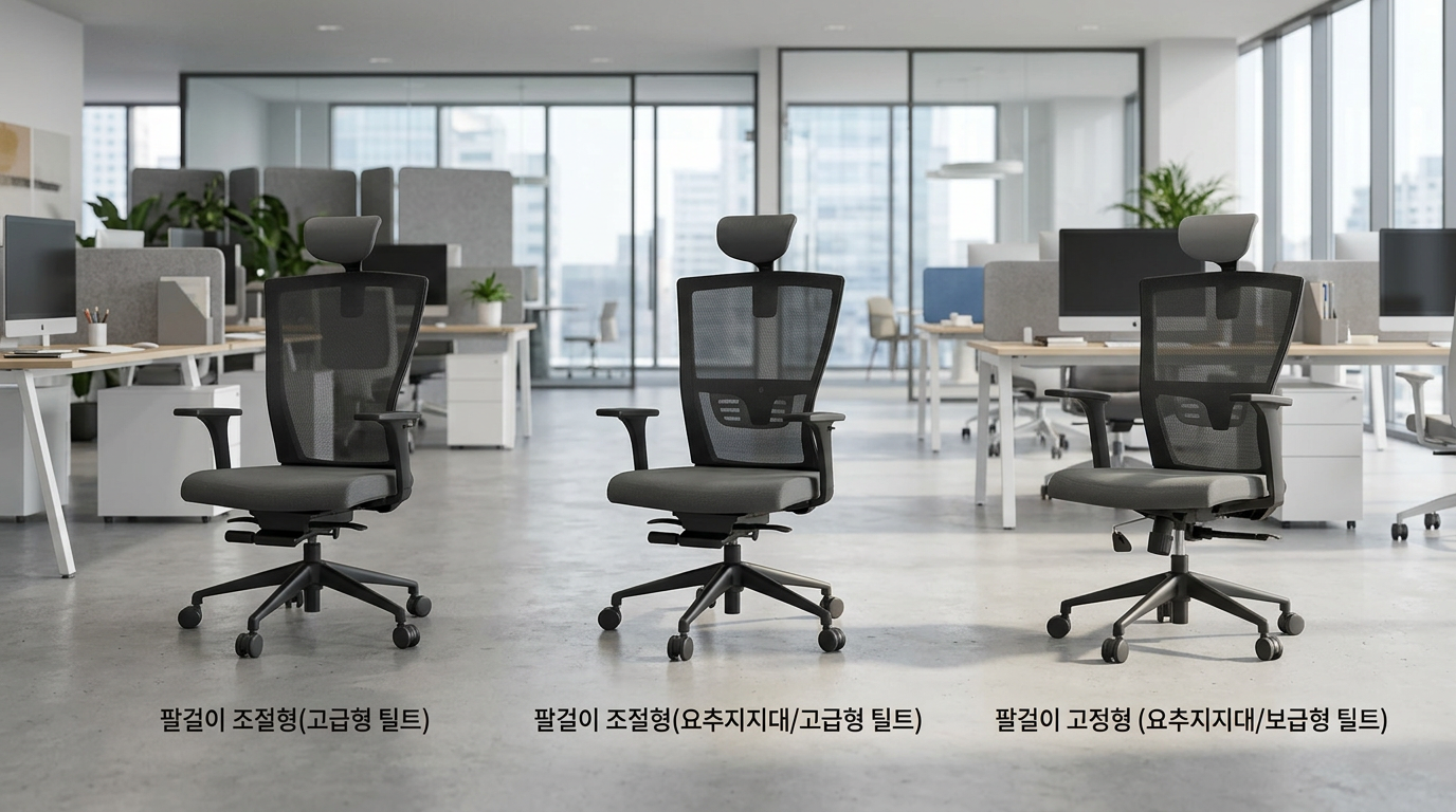 INCLA 구성 라인업 — 팔걸이 조절형·고정형, 요추지지대, 고급형·보급형 틸트