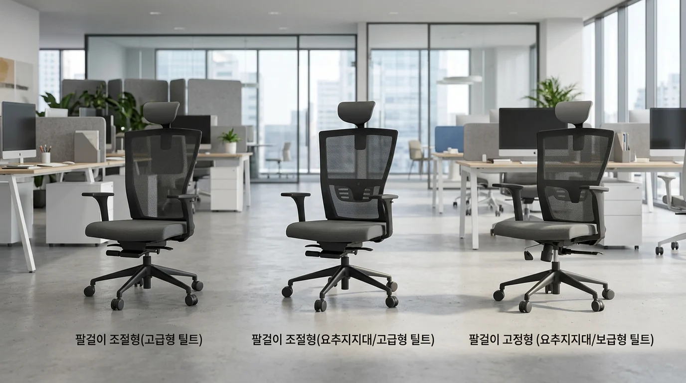 INCLA 구성 라인업 — 팔걸이 조절형·고정형, 요추지지대, 고급형·보급형 틸트